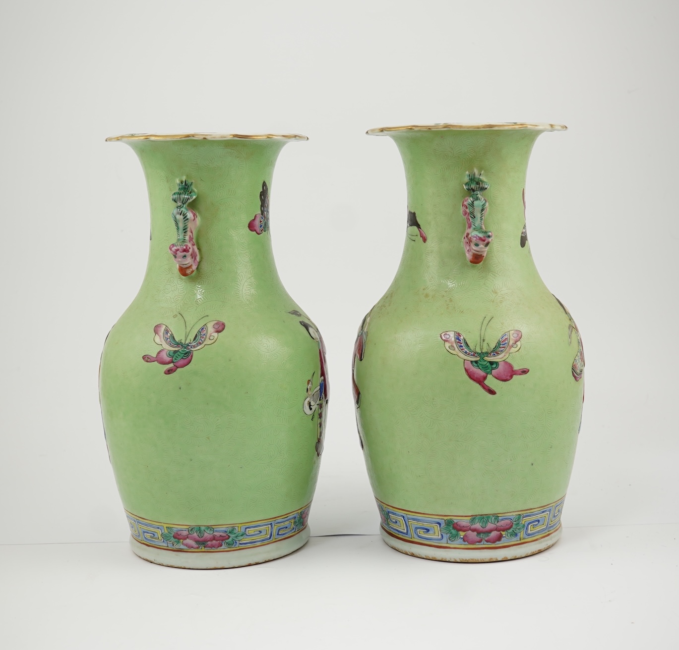 A pair of Chinese lime-green sgraffito ground vases, late 19th century